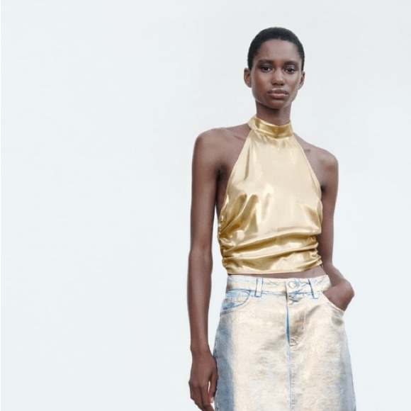 ZARA 2 PIECES MATCHING SET METALLIC HALTER TOP AND LONG METALLIC SKIRT - Picture 10 of 16